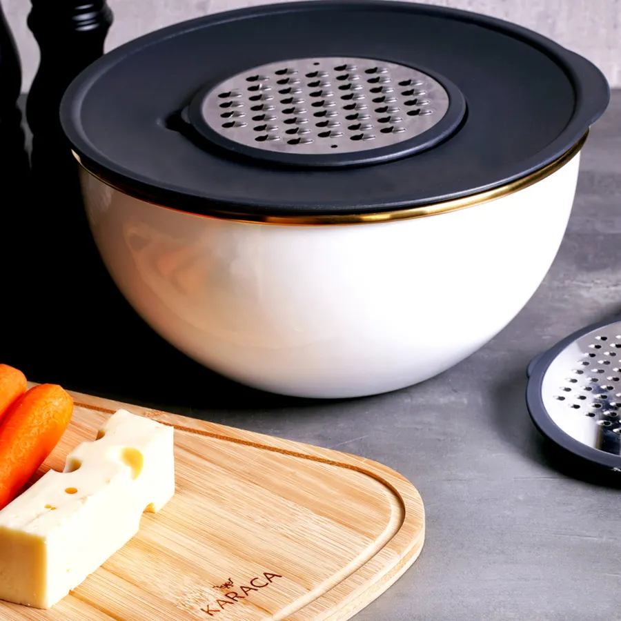 Karaca Troy Enamel Mixing Bowl Set with Graters, Black White Gold