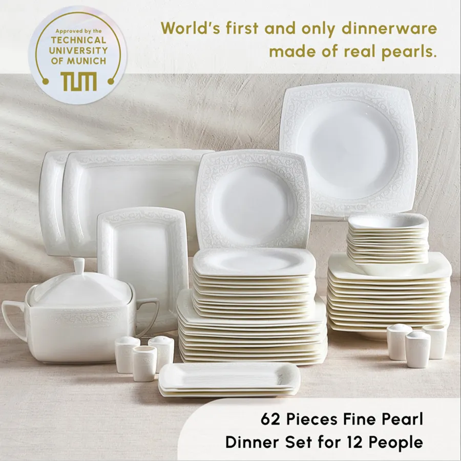 Karaca Fine Pearl Roma 62-Piece Dinner Set For 12 People, White