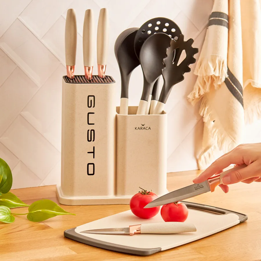 Karaca Gusto 10 Piece Knife Block Set, Chopping Board and Kitchen Utensil  Set, Cream - KARACA UK