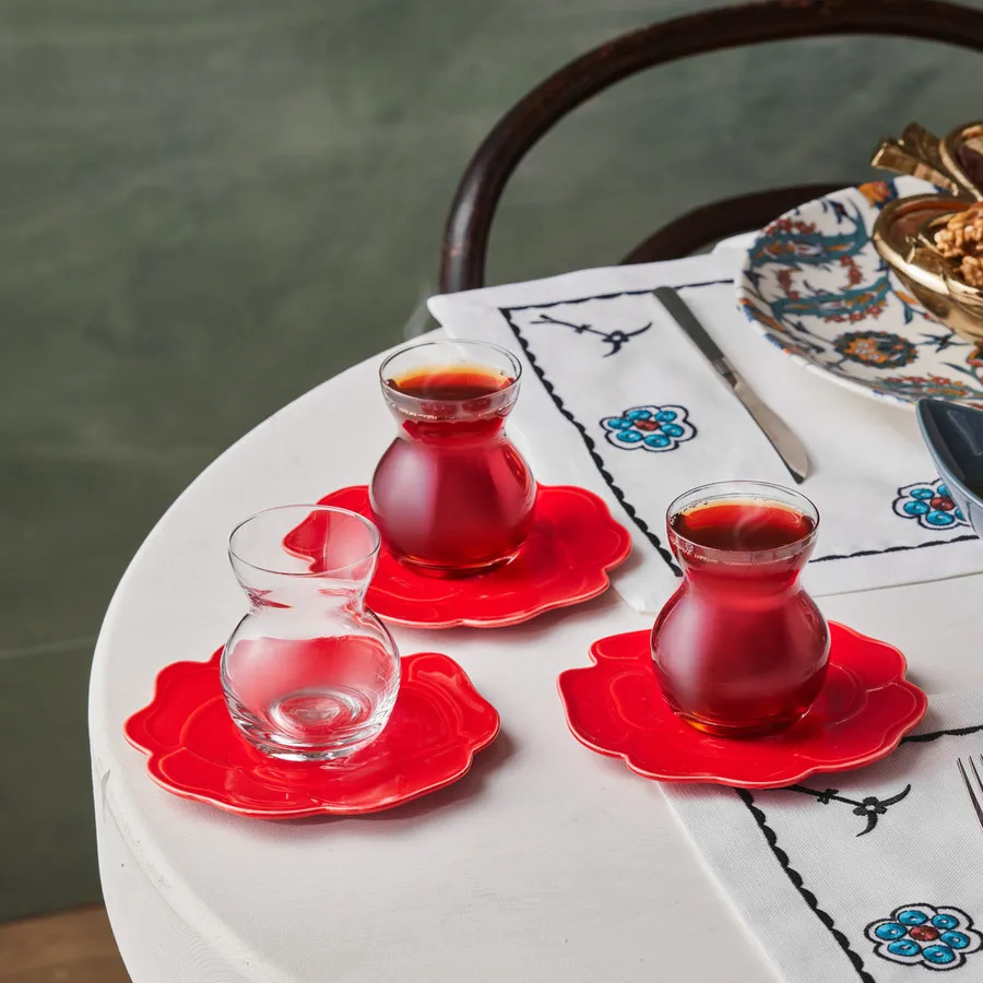 Karaca Flower Glass Turkish Tea Set For 6 People, 12 Piece, 160ml, Red Transparent