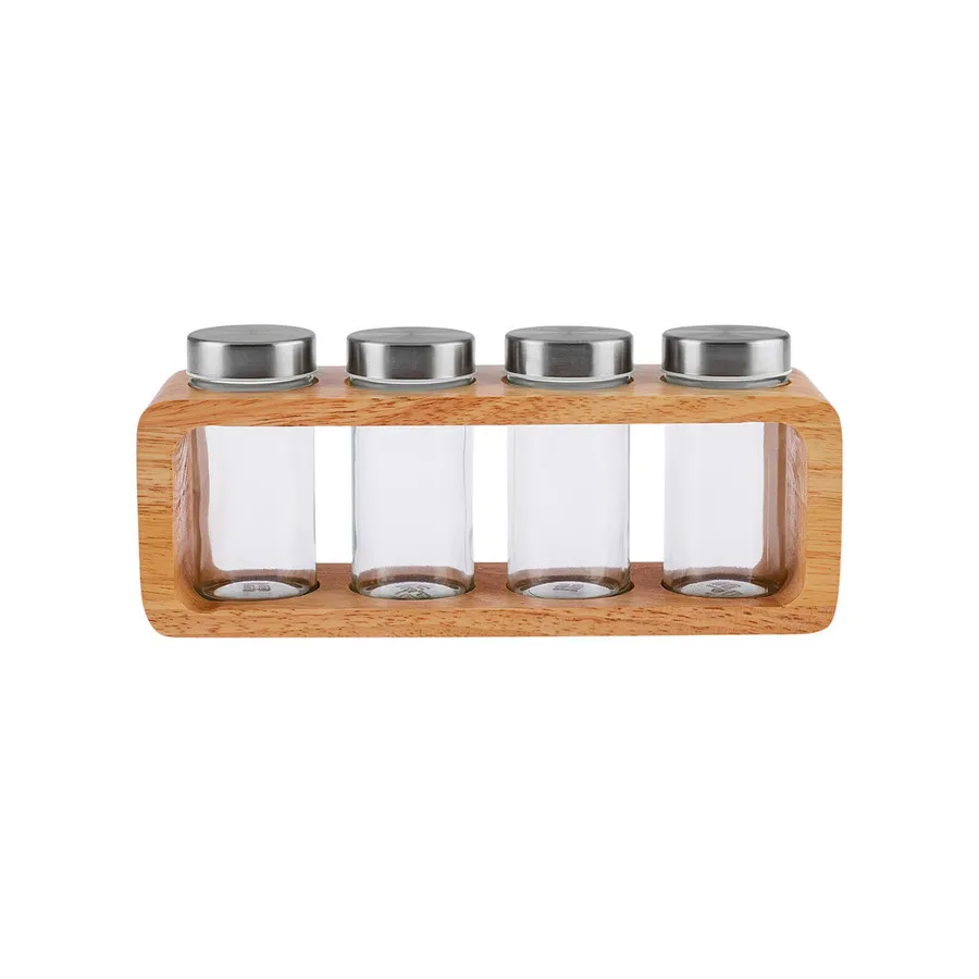 Karaca Warren 4 Piece Glass Spice Rack Set With Stand, 100ml, White Silver