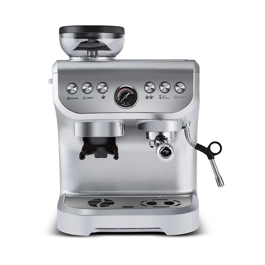 Coffee machine with outlet grinder and milk frother