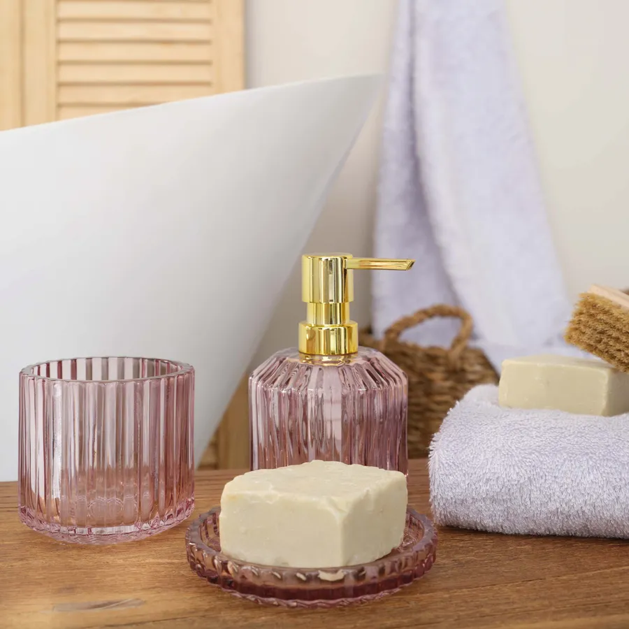 Karaca Home Line Glass Bathroom Accessories Set, 3 Piece, Pink